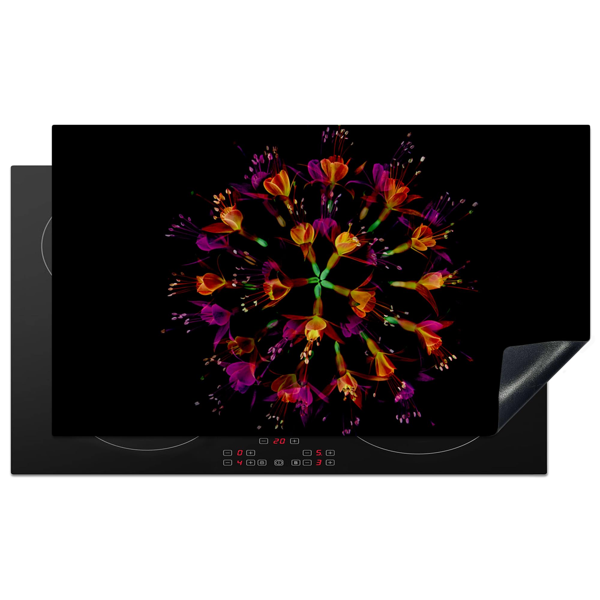 KitchenYeah© Induction Hob Cover Protector Mat 20.8"x36" / 91.6x52.7 cm Kitchen Universal Ceramic Covers for Electric Cookers Vinyl Flowers - Orange - Pink - Black