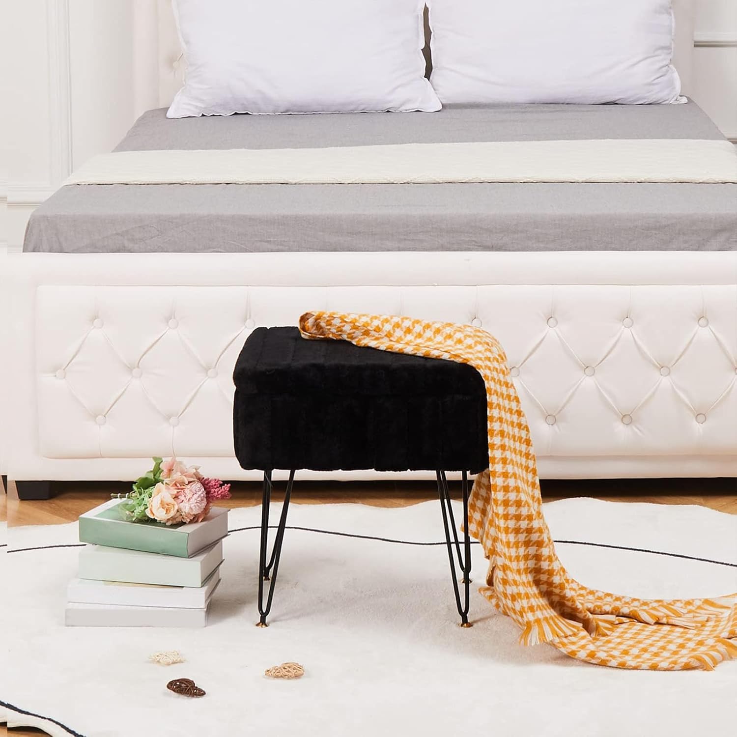 Wimarsbon Storage Ottoman, Vanity Stools with Metal Legs, 16.5" x 11.8" x 18" Modern Faux Mink Fur Footstool, Makeup Chair with Anti-Slip Feet, Accent Table,Footrest,Storage Bench for Bedroom - Image 8