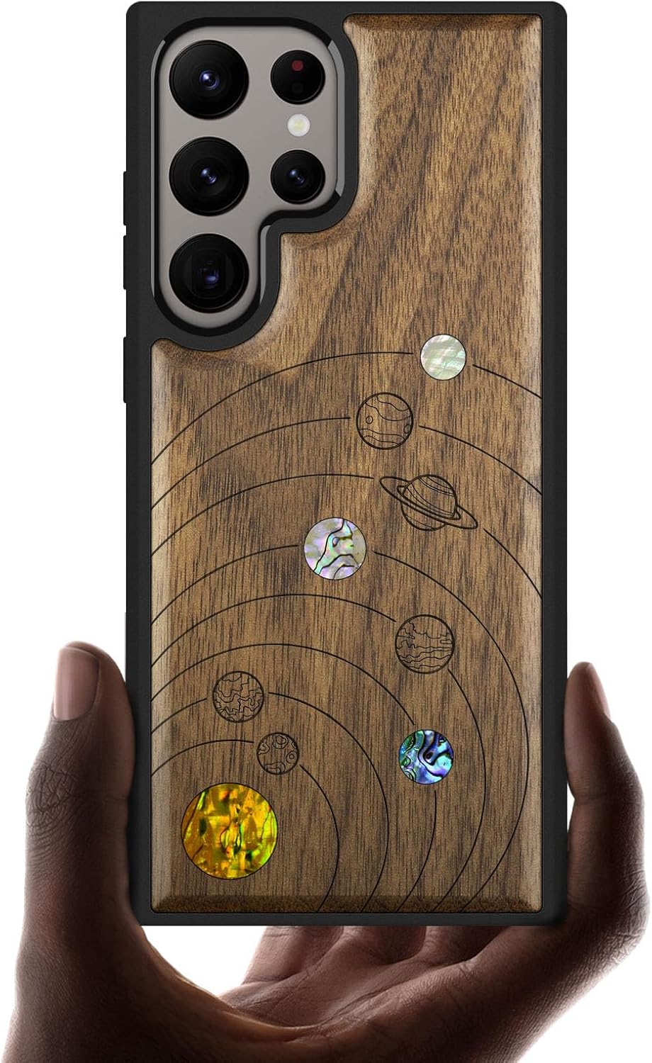 Carveit Designer Wooden Case for Samsung Galaxy S24 Ultra Case [Wood Engraving & Shell Inlay] Compatible with Wireless Chargers S24 Ultra Cover (Solar System-Walnut)