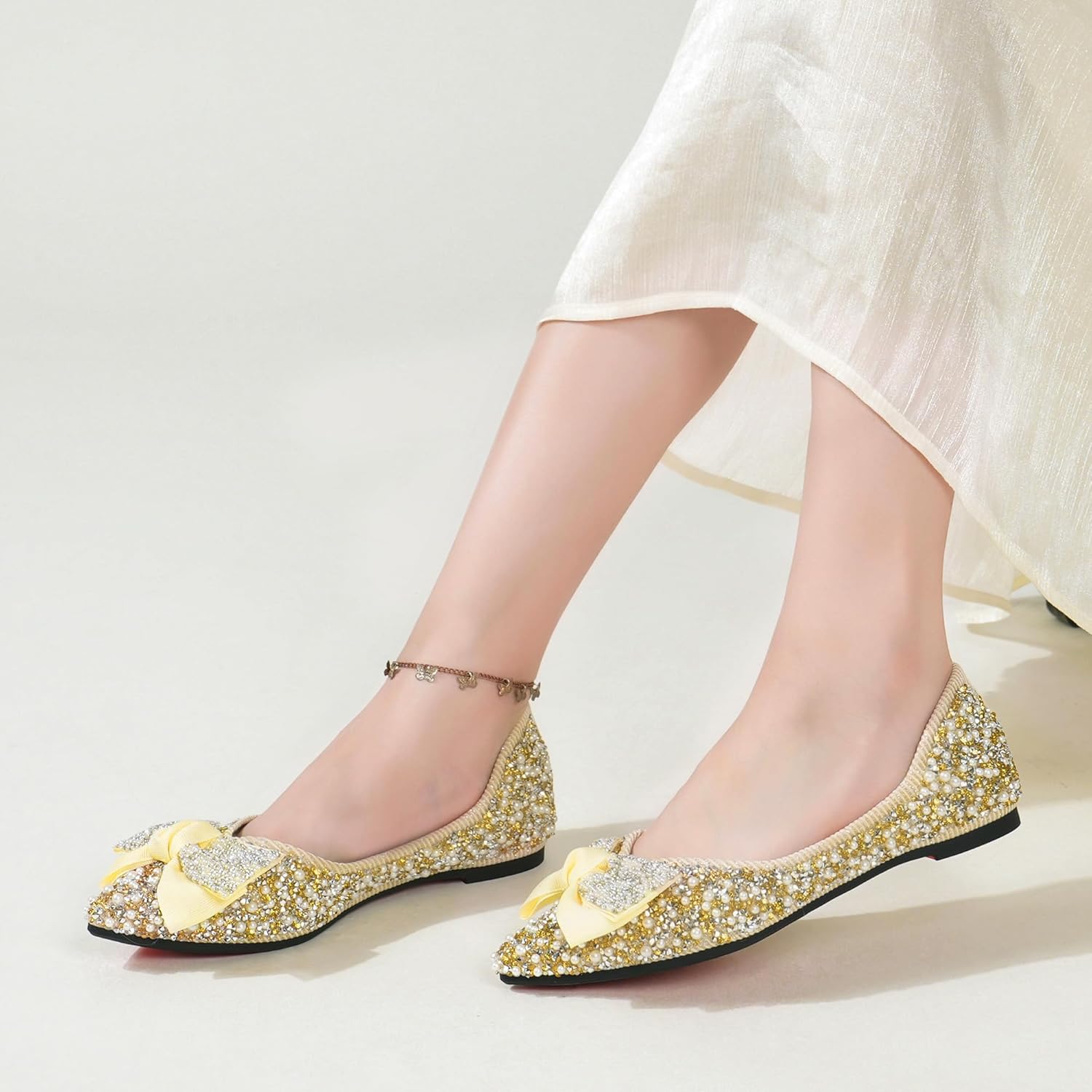 Flats Shoes Women Rhinestone Wedding Flats Pointed Toe Ballet Flat Shoe Low Heel Dress Shoes Sparkly Flats for Women - Image 3