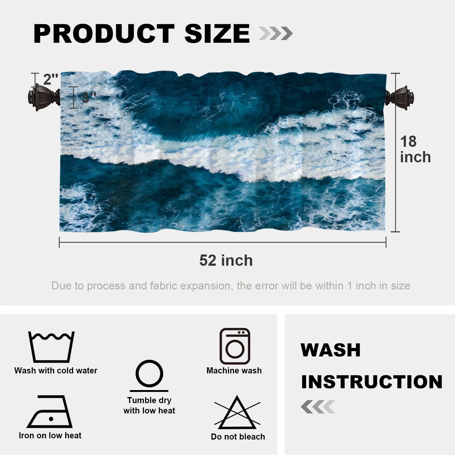 Batmerry Ocean Waves Blue Curtain Valance, 52x18 Inch, Kitchen, Bedroom, Bathroom, Home Office, Thermal Insulation, Rod Pocket