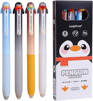 4 Pcs Cartoo Gel Pens, Cute Penguin Retractable Ballpoint Pens with Black Ink, Kawaii Animal Stationery for Women Girls, Office School Supplies Gift