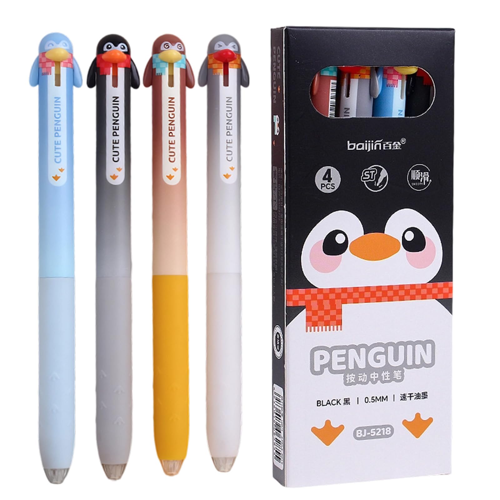 4 Pcs Cartoo Gel Pens, Cute Penguin Retractable Ballpoint Pens with Black Ink, Kawaii Animal Stationery for Women Girls, Office School Supplies Gift