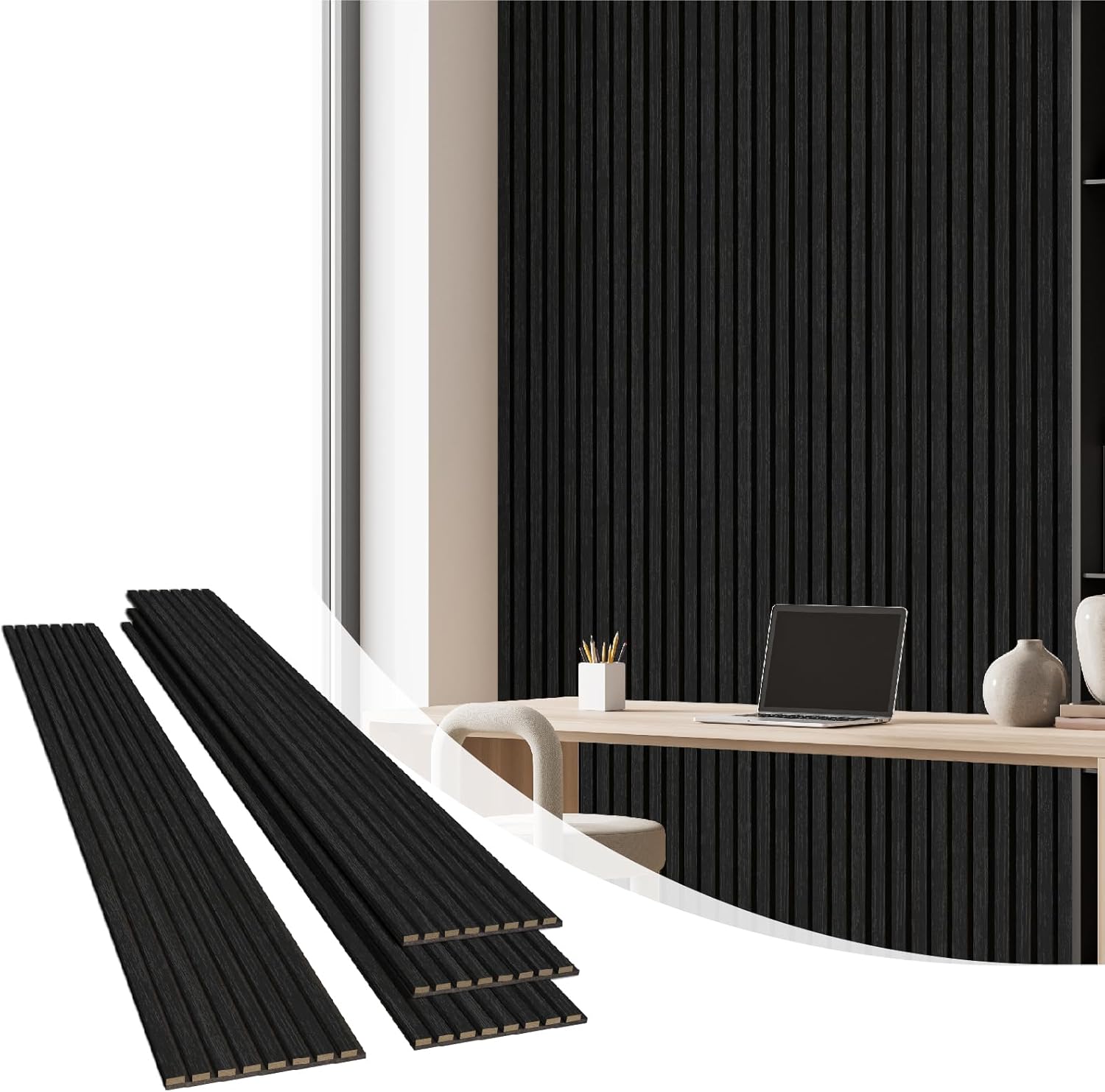 Olanglab Wood Wall Panels 4 Pack, Wood Slat Acoustic Wall Panels, 94.5"x12.6" Each 3D Wall Panels for Interior Wall Decor (Black-Extendo Trio)