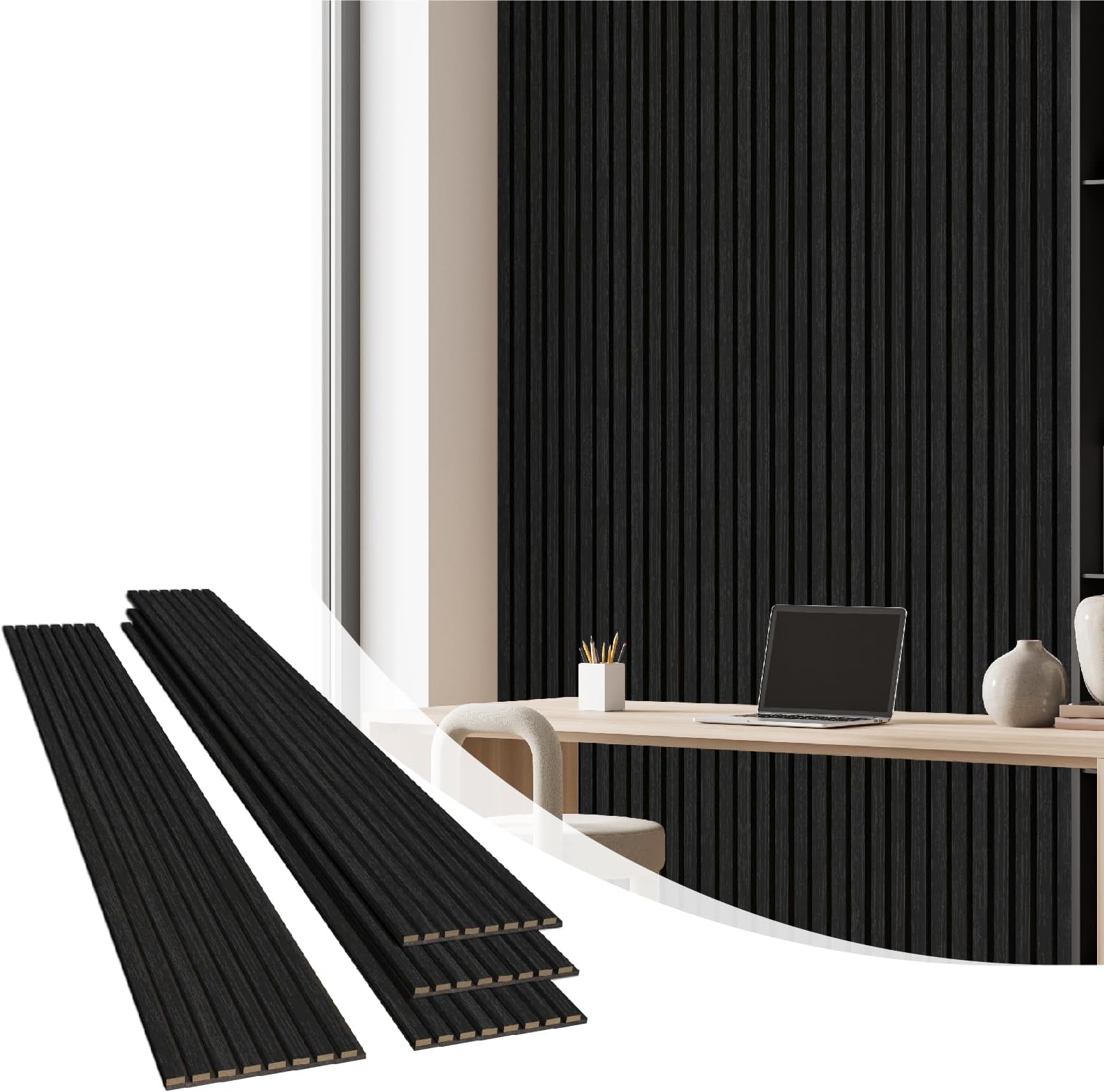 Wood Wall Panels 4 Pack, Wood Slat Acoustic Wall Panels, 94.5"x12.6" Each 3D Wall Panels for Interior Wall Decor (Black-Extendo Trio)