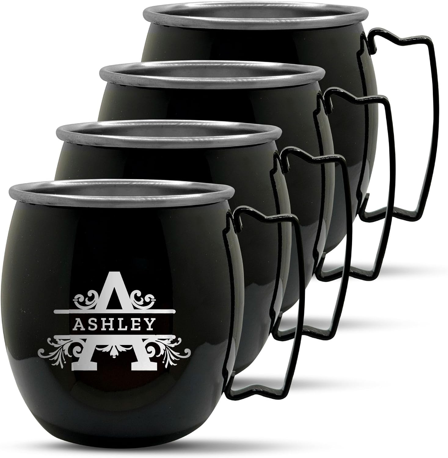 Personalized Custom Smooth Finish Black Moscow Mule Mugs with Detailed Vines Monogram Engraved Bar Style Cup, 16 oz | Set of 4
