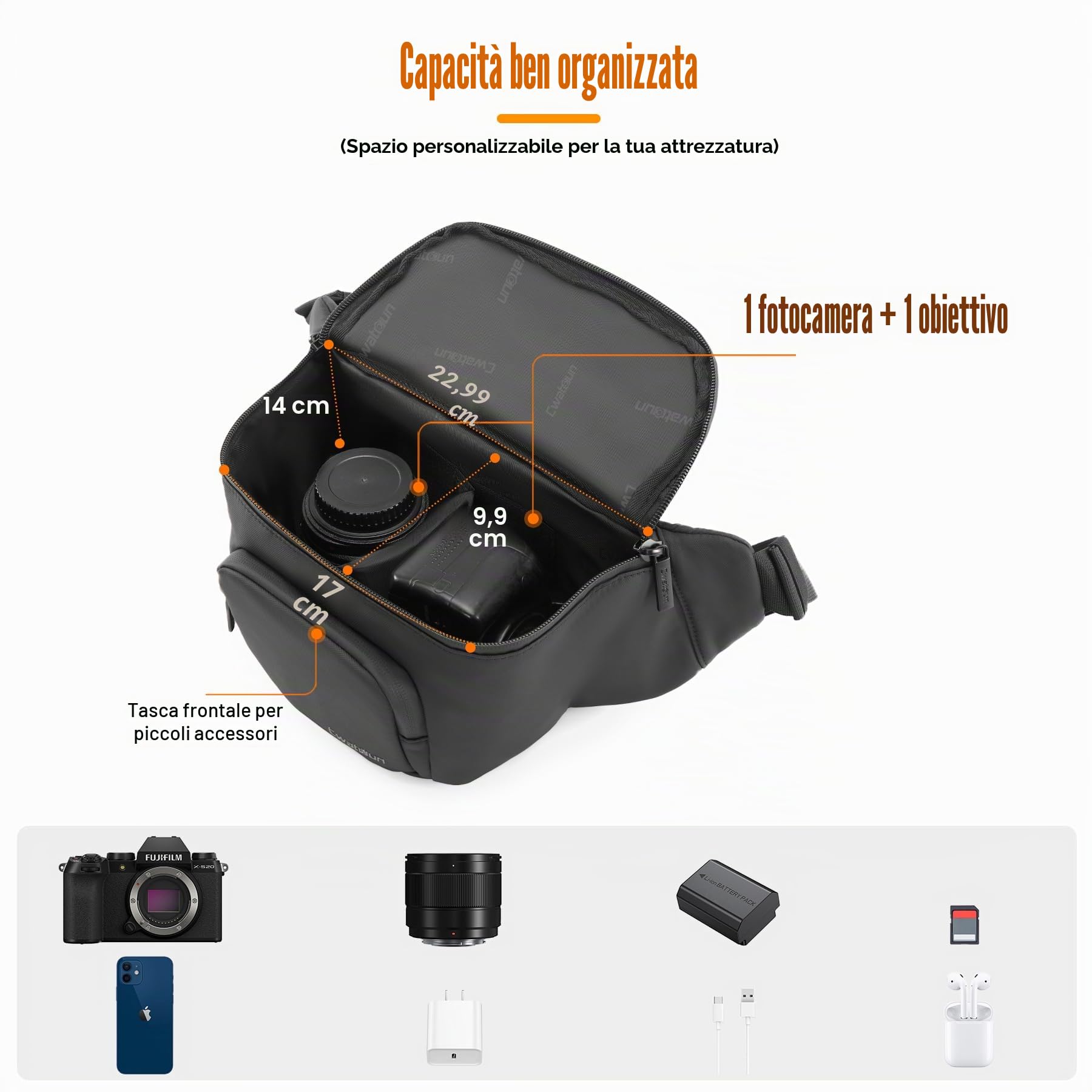 Cwatcun Borsa per Fotocamera Impermeabile da Cintura, Borsa Quotidiana a Tracolla per Canon, Nikon, Sony, Fuji DSLR/SLR, Obiettivo - Nero
