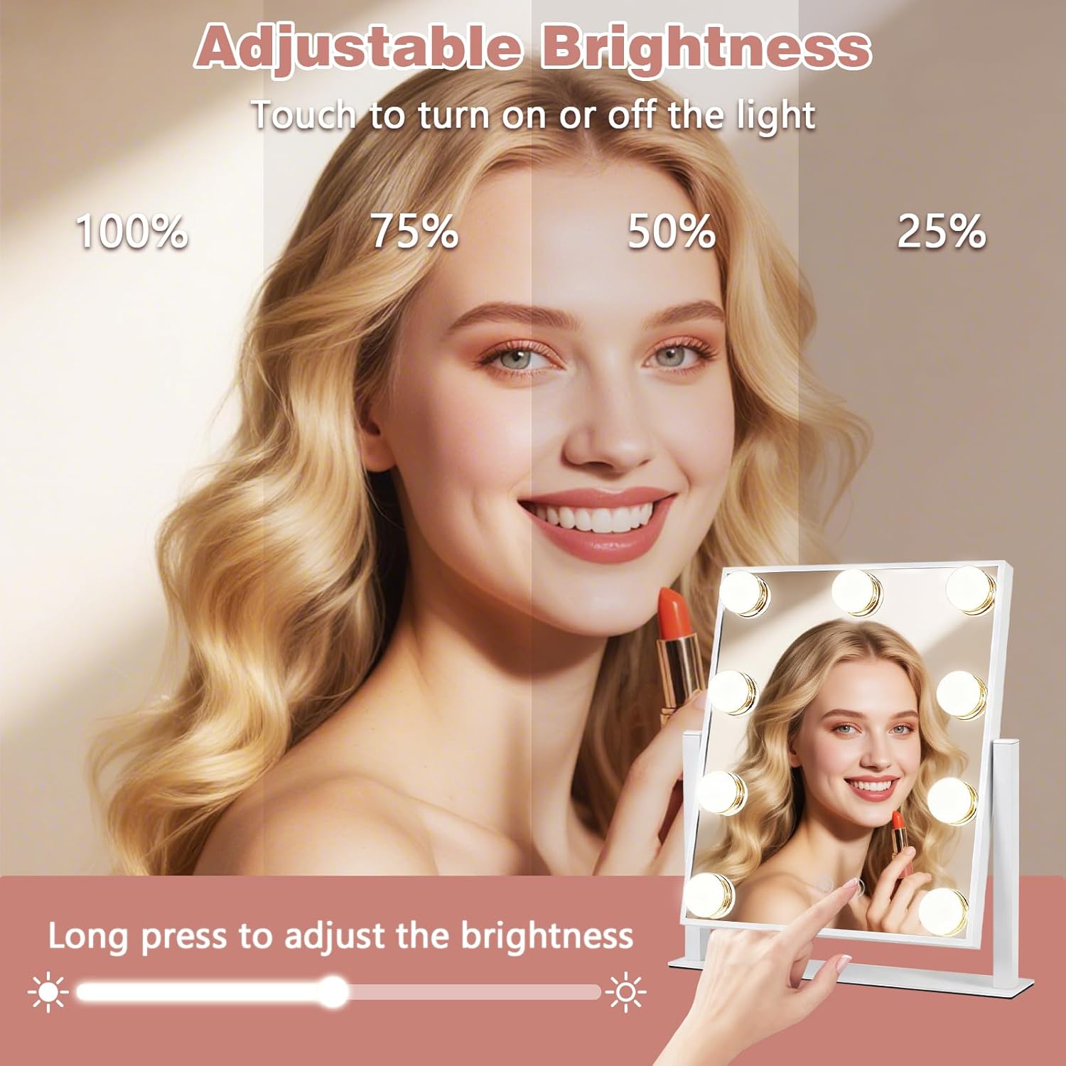 Vanity Mirror with Lights, Lighted Vanity Mirror with 9 Dimmable Bulbs for Dressing Room & Bedroom, 3 Color Lighting Modes, Detachable 10x Magnification 360°Ratation (White)