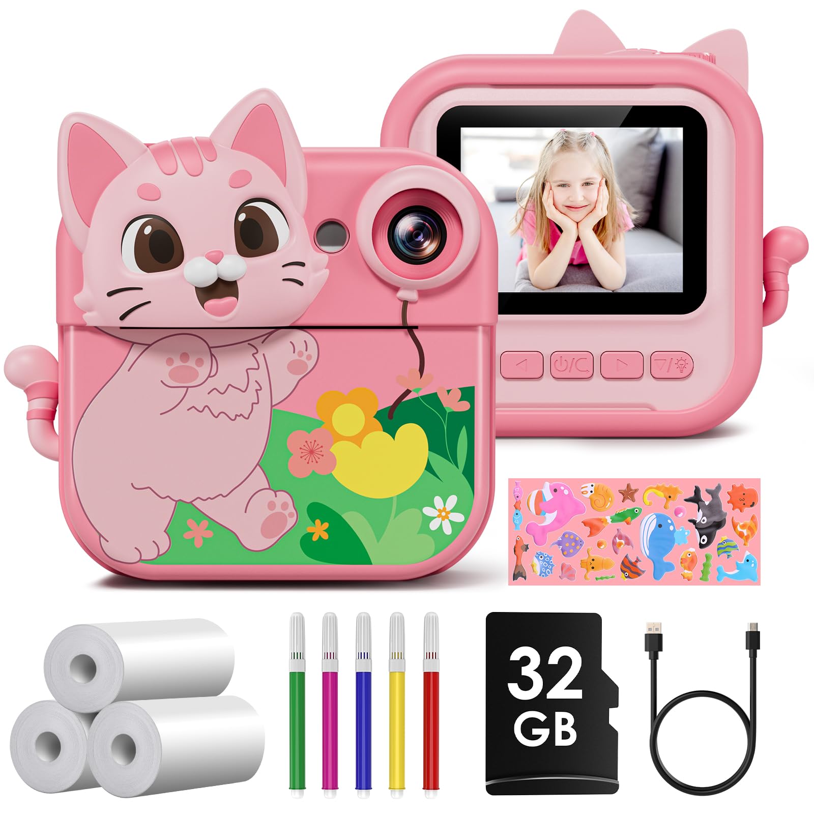 GREENKINDER Macchina Fotografica Bambini Istantanea, 2,4 pollici 1080P Fotocamera Istantanea Bambini, Fotocamera Digitale con 32G Scheda, 5 Penne Colorate, Giocattoli da Regalo per Bambini 3-12 Anni
