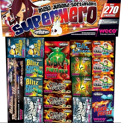Aktivhandel Superhero Jugendfeuerwerk Kat F1 über 270 Teile Jahresfeuerwerk Sortiment 11-Fach Sortiert Cover