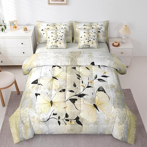 Erosebridal Yellow Butterfly 7-Piece Bedding Set Full Size A