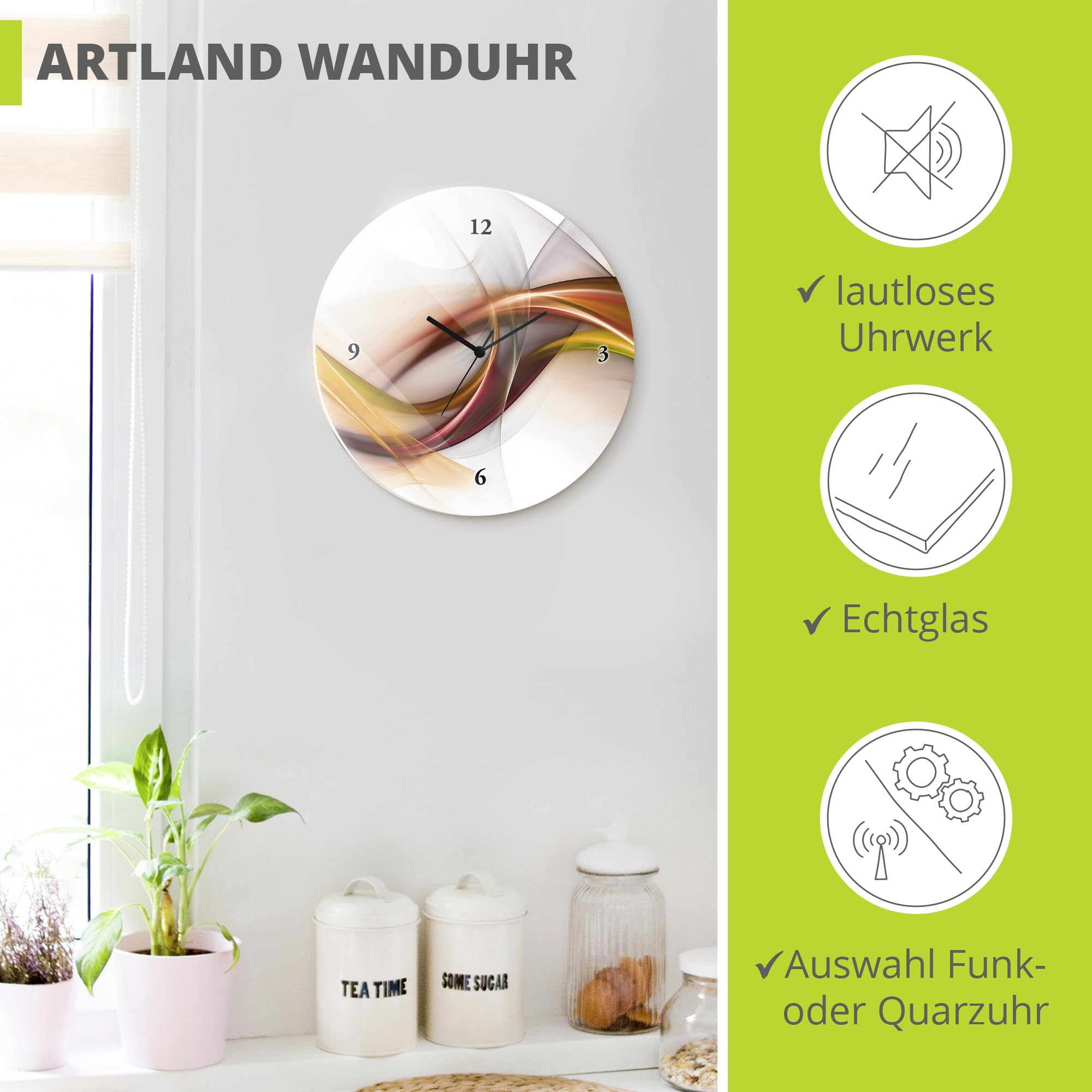 ARTLAND Wanddeko Wanduhr ohne Tickgeräusche Glas Funkuhr Ø 30 cm Rund Lautlos Abstrakt Modern Design Ausgefallen Deko Orange U1UO