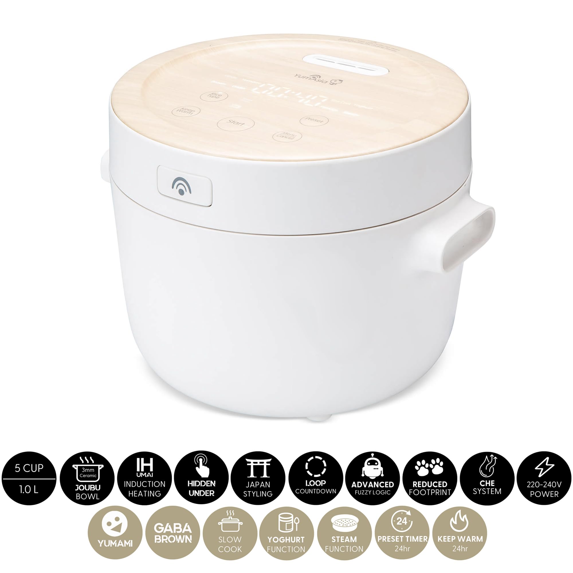 Yum Asia Fuji Cuocere riso con riscaldamento a induzione (IH) e ciotola in ceramica (5 tazze, 1,0 litri), 7 funzioni di cottura del riso, 5 funzioni multicooker, indicatore LED, 220-240 V