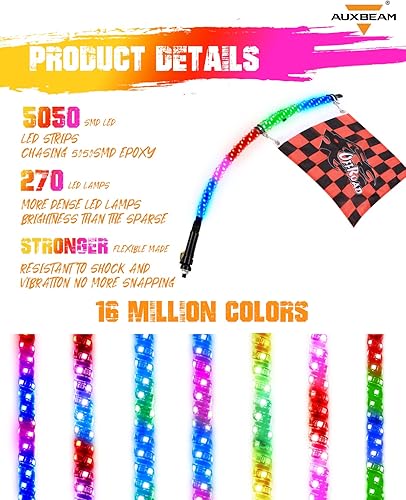 Miniatura 5 de Auxbeam Látigo de luz LED RGB de 3 pies con luz de advertencia de seguridad para Polaris RZR UTV ATV Quad Can Am antena látigo 3 pies Bluetooth LED
