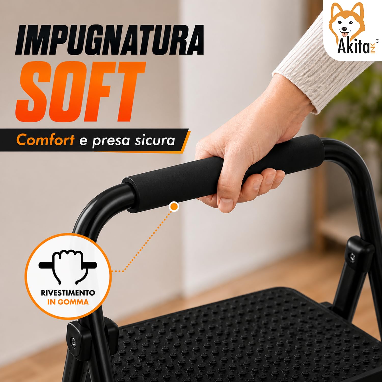 AkitaInk Scala Pieghevole in Acciaio 3 Gradini Nero | Scaletta Pieghevole, Piedini Antiscivolo, Impugnatura in Spugna, Certificata EN14183