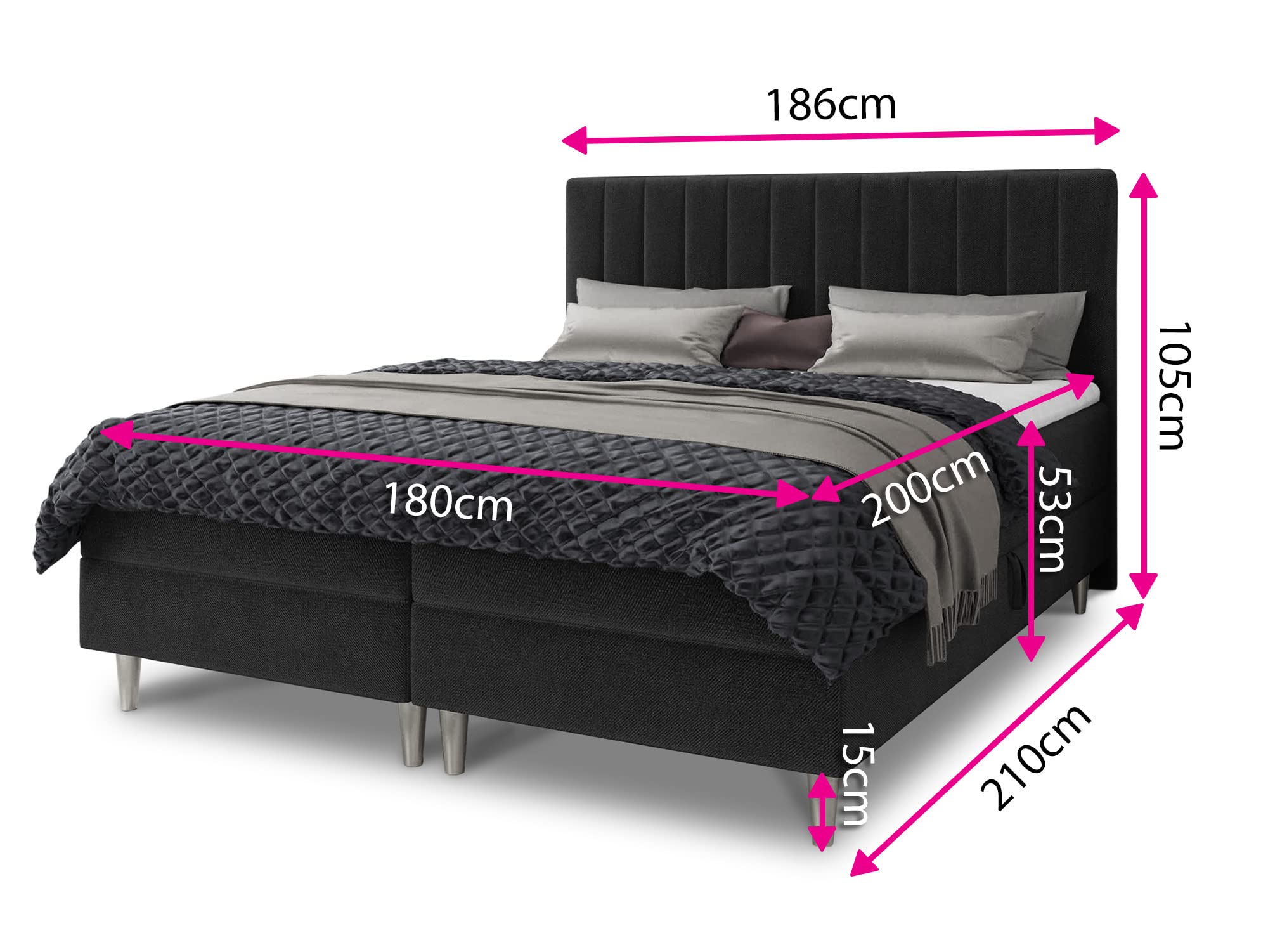 Sofnet Boxspringbett Gold mit 2 Bettkästen und Topper - Doppelbett, Bonell-Matratze, Polsterbett, Bett mit Matratzentopper, Schlafzimmer, Velours Stoff (Grau (Manila 16), 180 x 200 cm)
