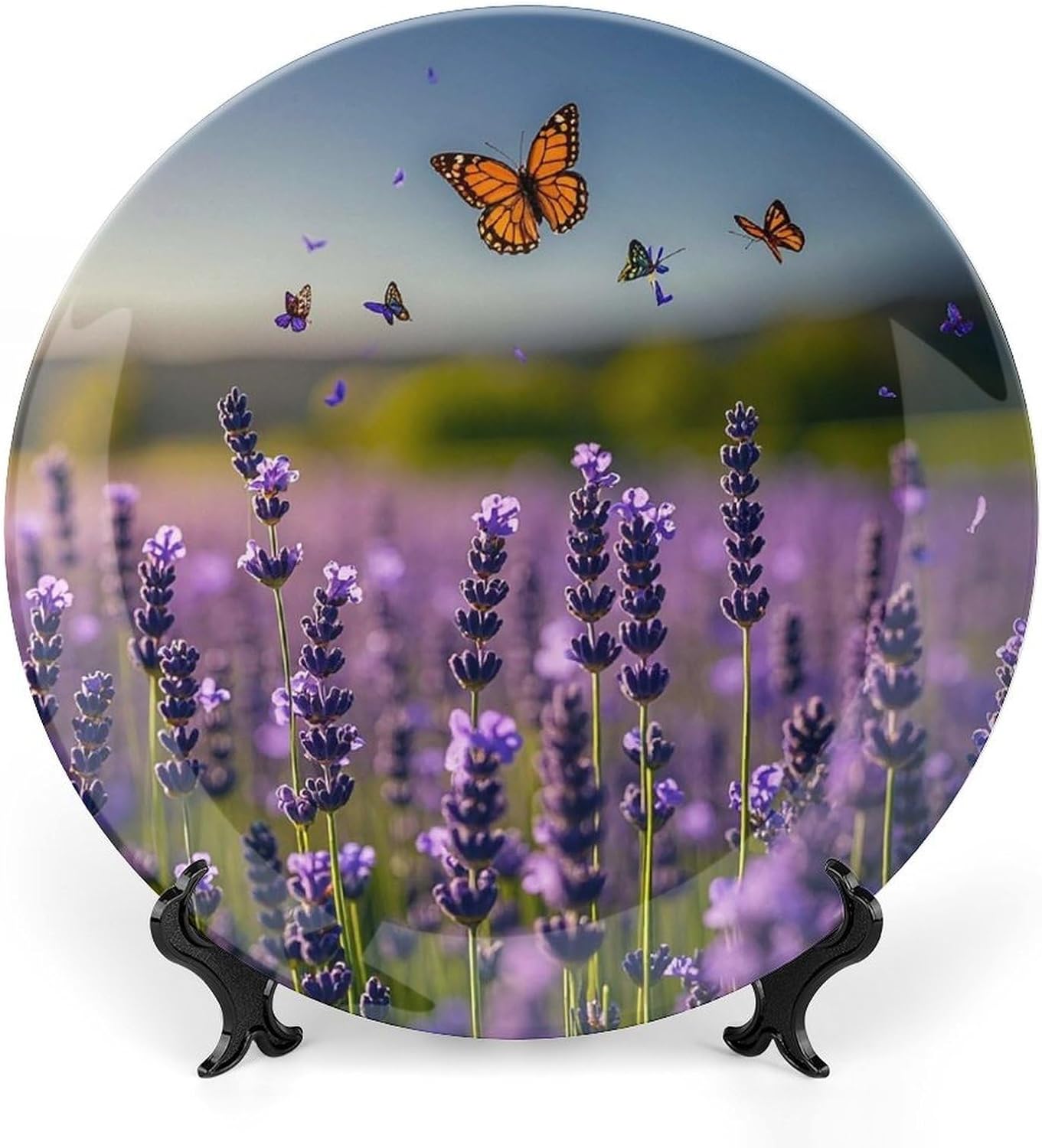 Lavender And Butterflies Ceramic Decorative Plate for Office Decor, Chinese Style Decorative Dish with Stand, Dinner Dish Decorative Plates for Wall Hanging Bone Collections Plates 10inch