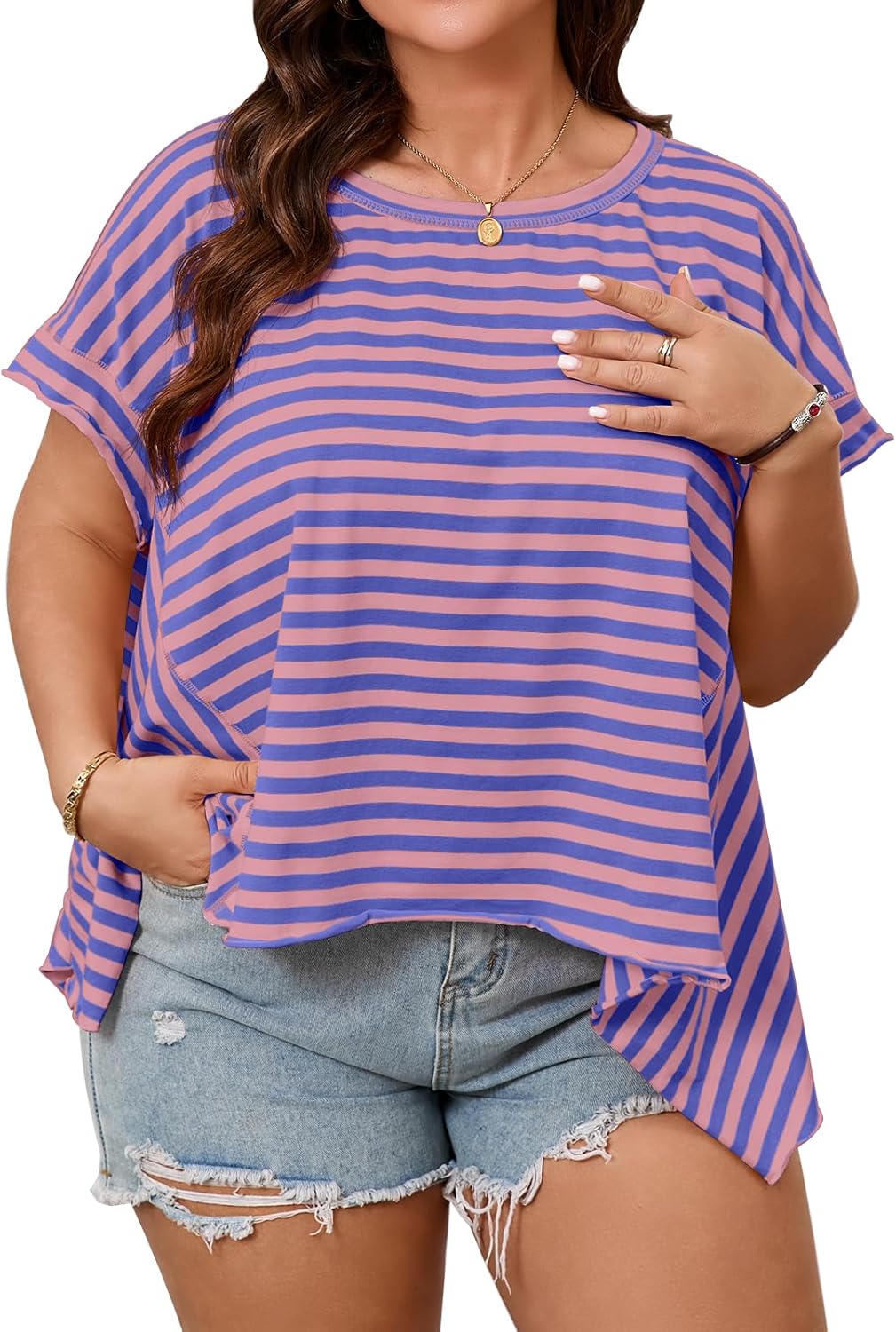 Tankaneo Womens Oversized Striped Tshirts Irregular Hem Batwing Short Sleeve Tops Summer Casual Round Neck Tee Shirts - Image 5