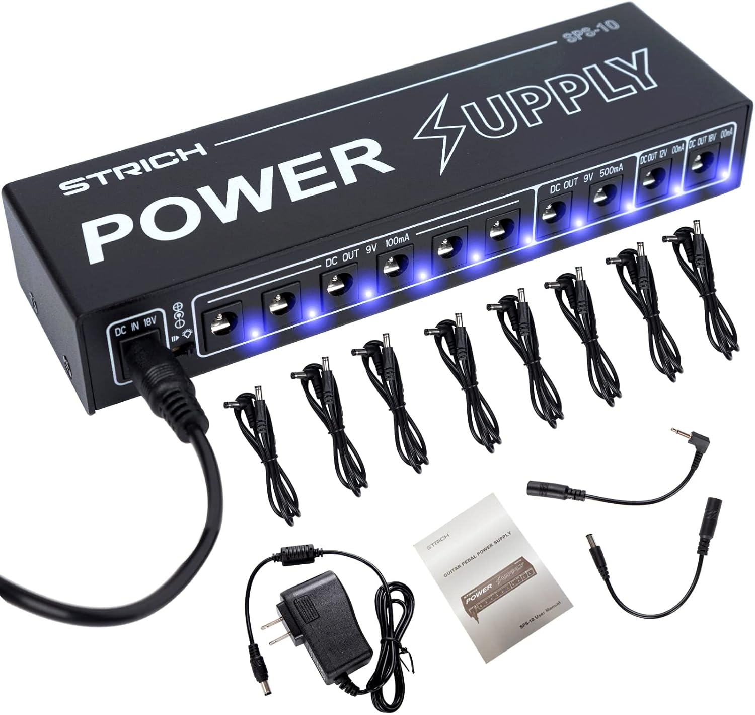 STRICH Guitar Pedal Power Supply, 10 Isolated DC Output for 9V/12V/18V