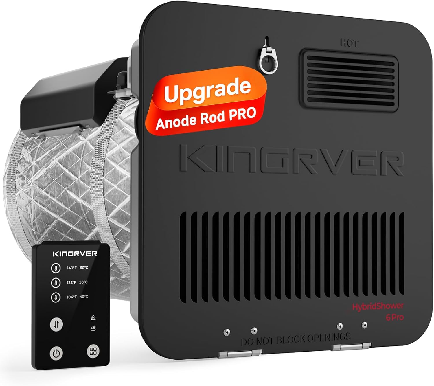KINGRVER 6 Gallon RV Hybrid Water Heater — Propane & Electric Heating, Use Separately or Together for Fast Hot Water, Porcelain Steel Tank, Built-in Anode Rod, Remote Controller, DSI Ignition