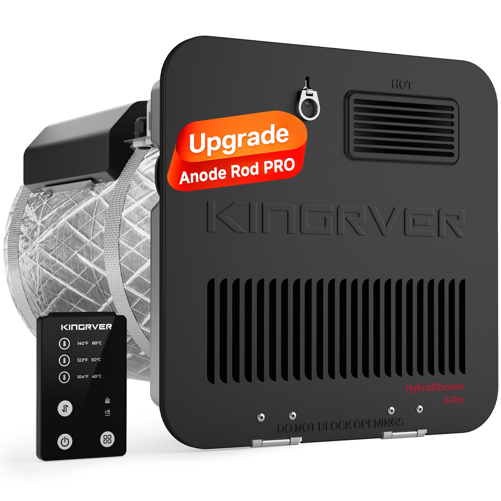 KINGRVER KINGRVER 6 Gallon RV Water Heater with Remote Controller, 12,000 BTU High-Output Burner, Propane & Electric Hybrid Heating, Porcelain-Lined Tank, DSI Ignition