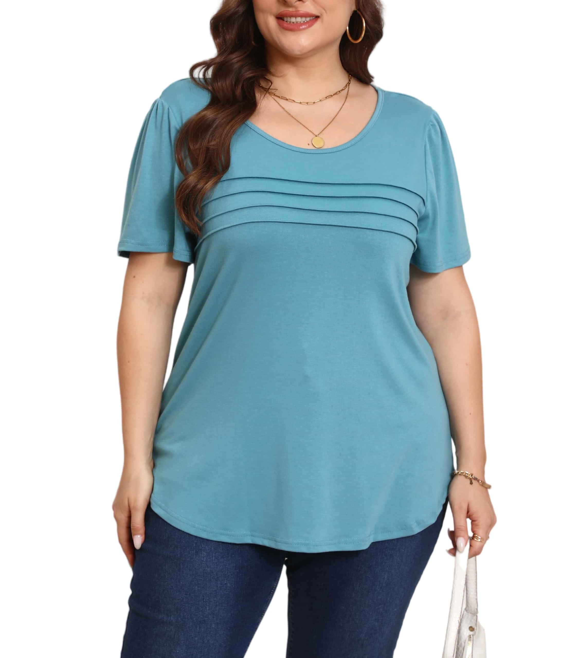 HBEYYTO Womens Plus Size Summer Tops Short Sleeve Pleated T Shirts Casual Scooped Neck Flowy Loose Floral Blouses 1X-5X