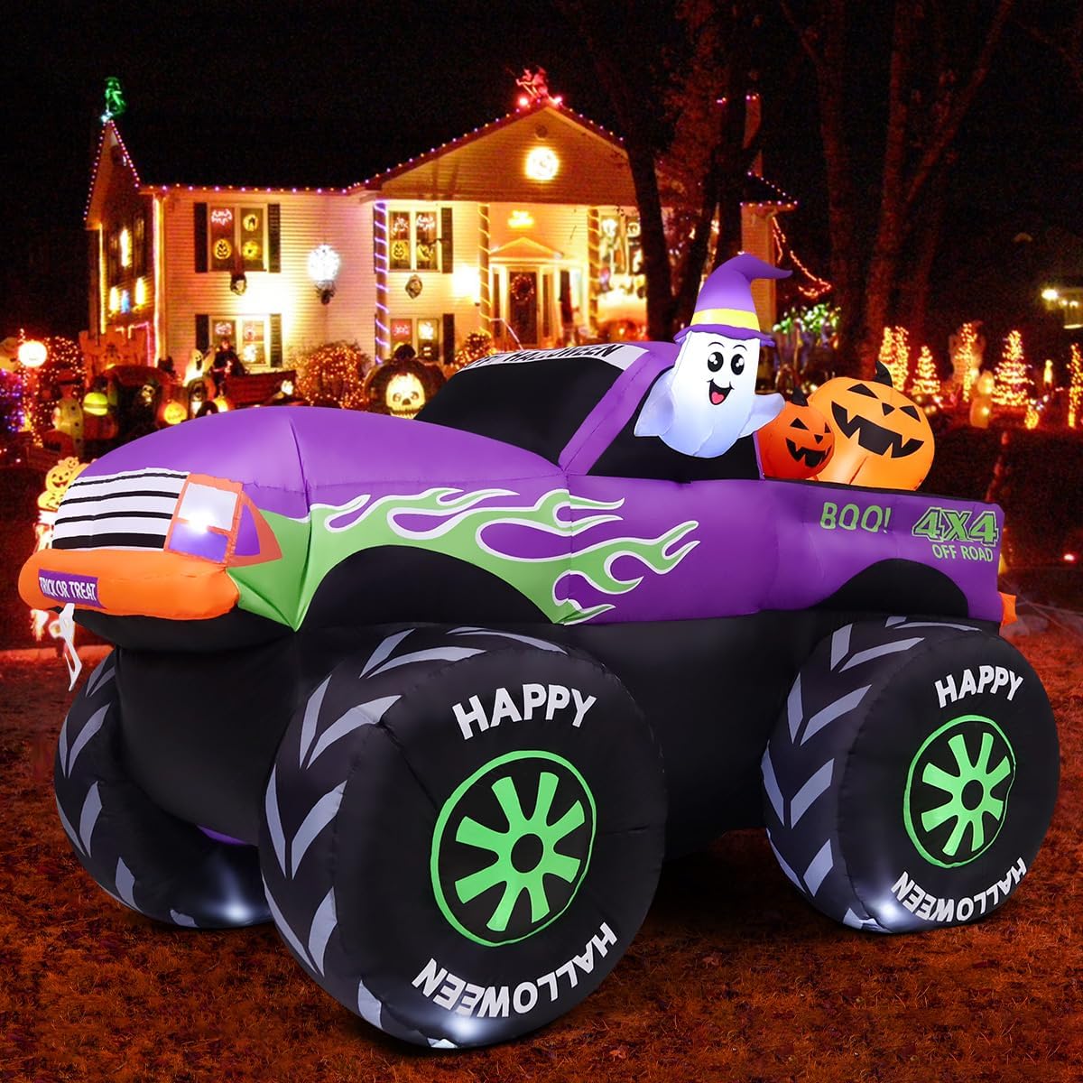 GOOSH 8 FT Long Halloween Inflatables Monster Truck Outdoor Decorations Blow Up Yard Cute Ghost with Pumpkin on Truck Car with Built-in LEDs for Garden Lawn Indoor Party Decor GOOSH 8 FT Long Halloween Inflatables Monster Truck Outdoor Decorations Blow Up Yard Cute Ghost with Pumpkin on Truck Car with Built-in LEDs for Garden Lawn Indoor Party Decor