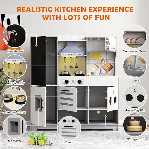 Miniatura 3 de JOYDIAS - Juego de cocina para niños, juego de cocina de madera con sonido y luz, horno, máquina de hielo, pizarra y cubo de reciclaje, cocina para