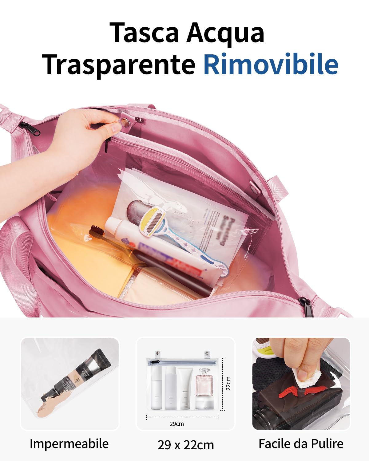 ECOHUB Borsone da Viaggio Pieghevole, Borsa da Viaggio Resistente All'acqua 40x30x20 per Ryanair, Bagaglio a Mano con Tasca Rimovibile per Oggetti Bagnati per Palestra, Aereo, Weekend,24L Rosa