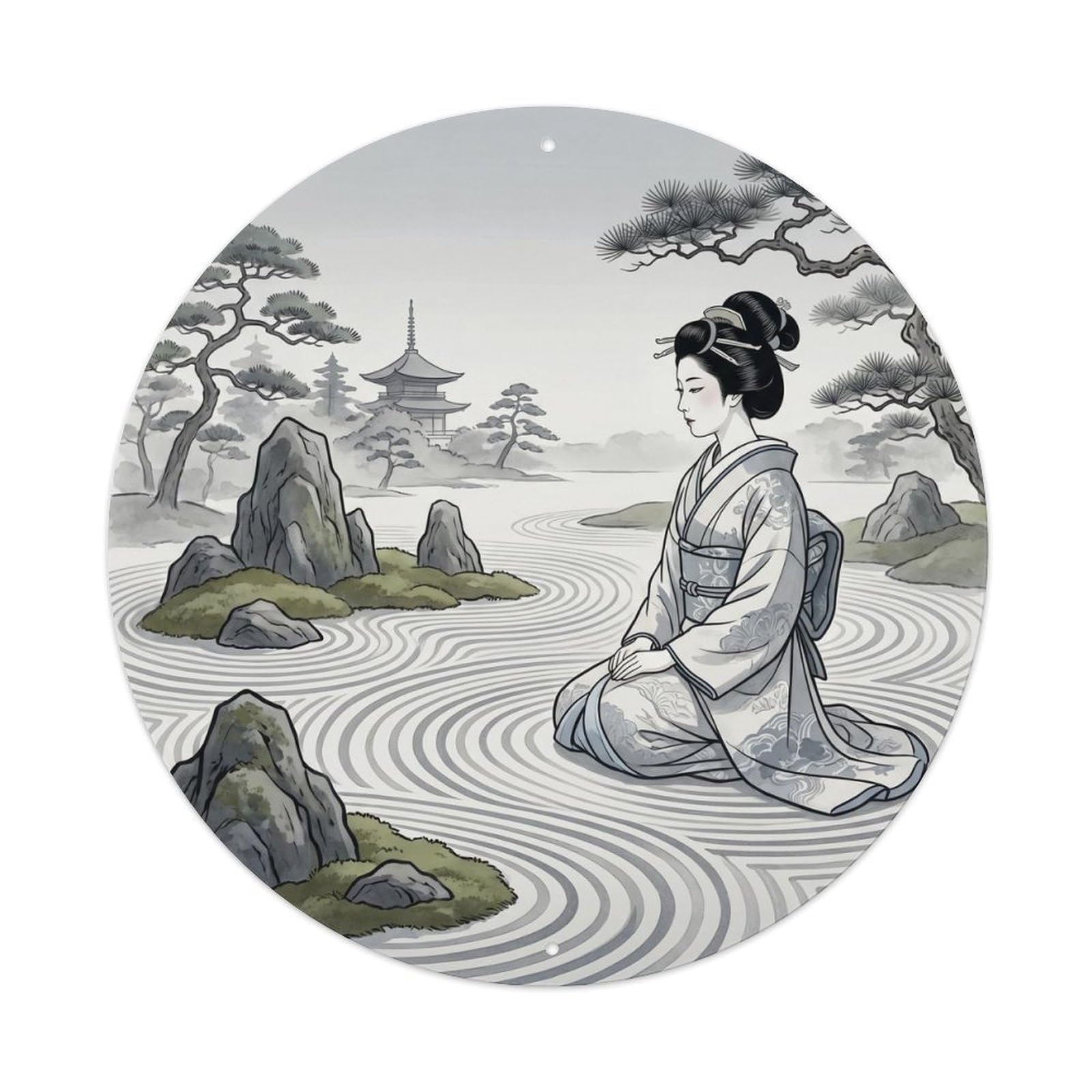 Galvaxio Style Japanese Kimono Woman Viewing Zen Rock Garden Tranquil Metal Tin Sign