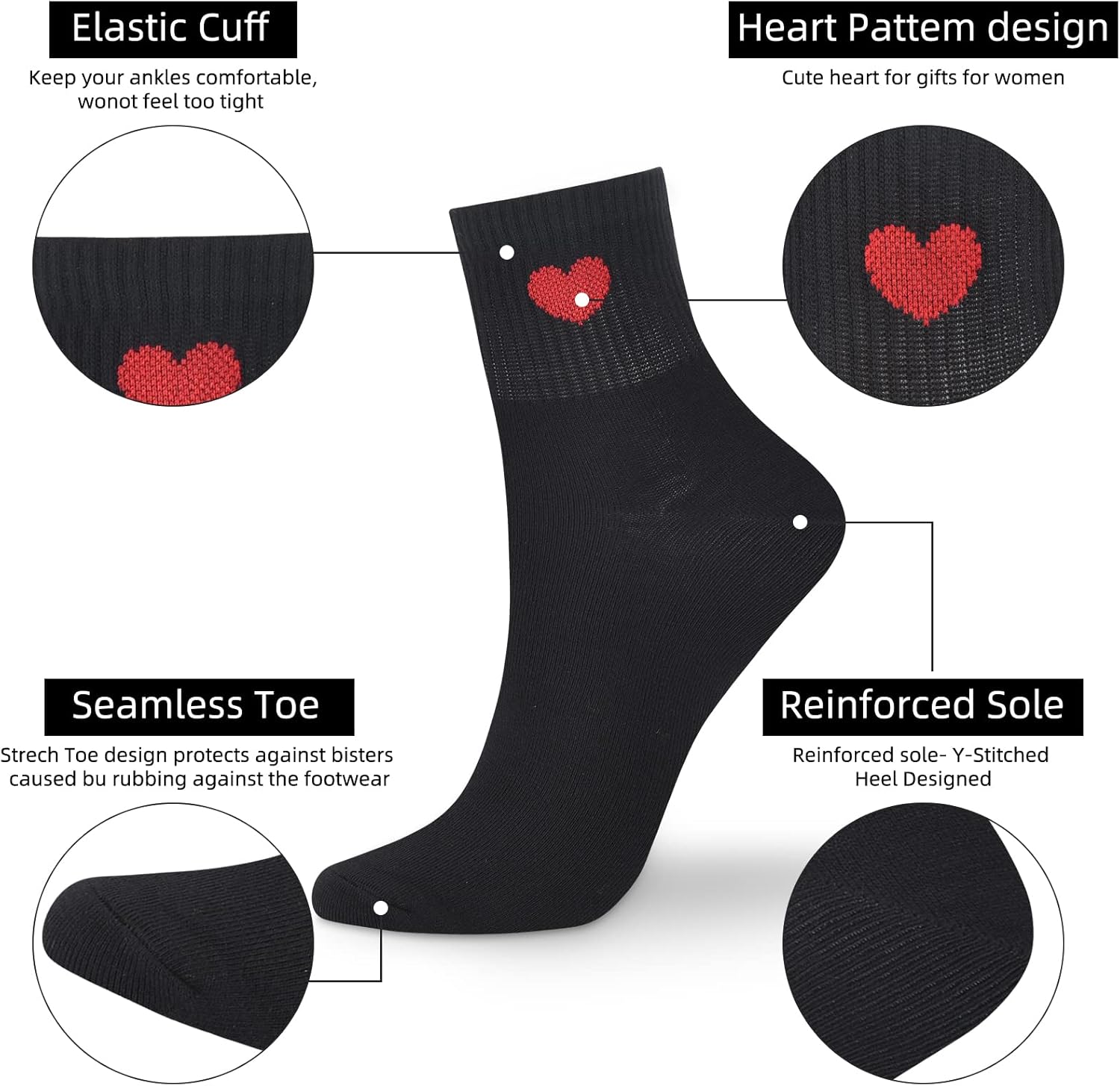 Corlap Women's Cute Cotton Crew Athletic Running Socks - Ankle High, Novelty Fun Heart Design 5-Pairs (Gift Box) - Image 6