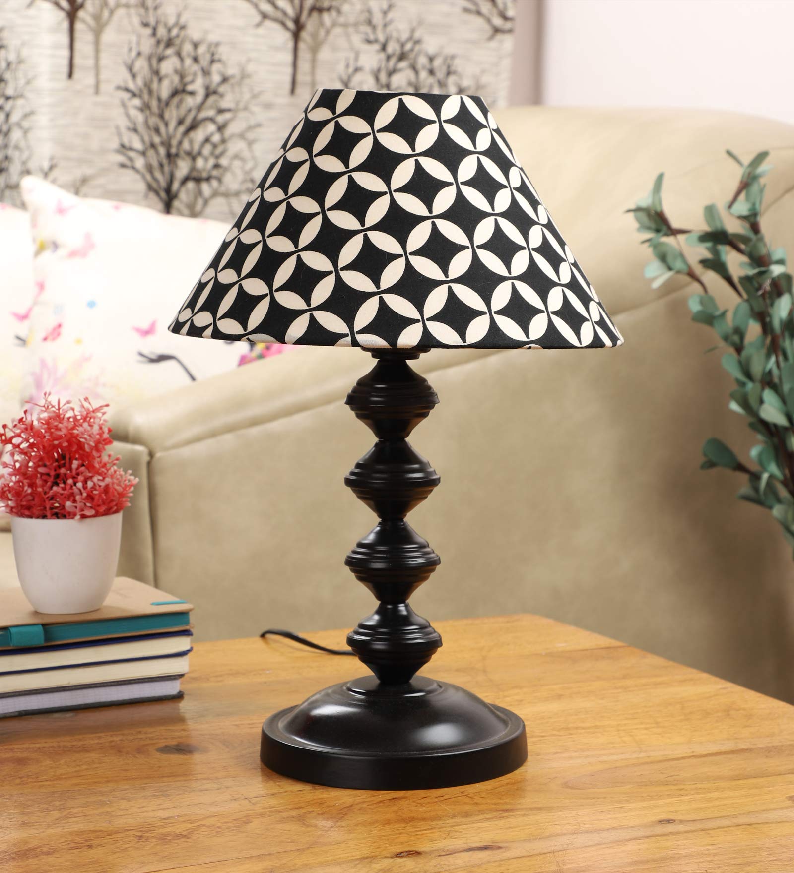 tu casa Table Lamps Black Metal Base with Black/White Cotton (Geometric Print) Shades for Home Décor, Bedrooms, Living Room, Gifting, Diwali, Dining Space, Study Room, Restaurants (H-14.5")