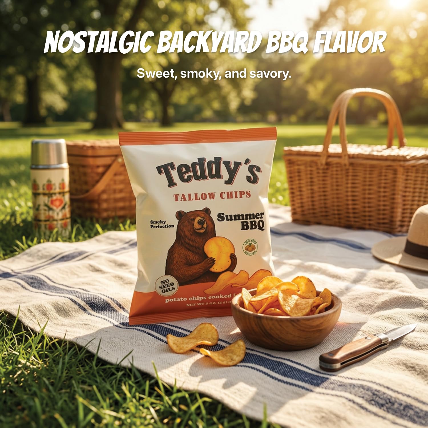 Teddy’s Tallow Chips Summer BBQ Potato Chips – Cooked In Premium Beef Tallow With Smoky Sweet BBQ Seasoning – Crispy Crunchy Chips Made/Simple Ingredients – No Seed Oils Snack – 5 oz Bag (8 Pack)