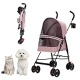 Pet Stroller for Small Dogs and Cats,CYUmail 4 Wheels Foldable Dog Stroller,Puppy Carrier for Small Dogs 0-15 lbs w/Cup Holder,Breathable Visible Mesh,Pink