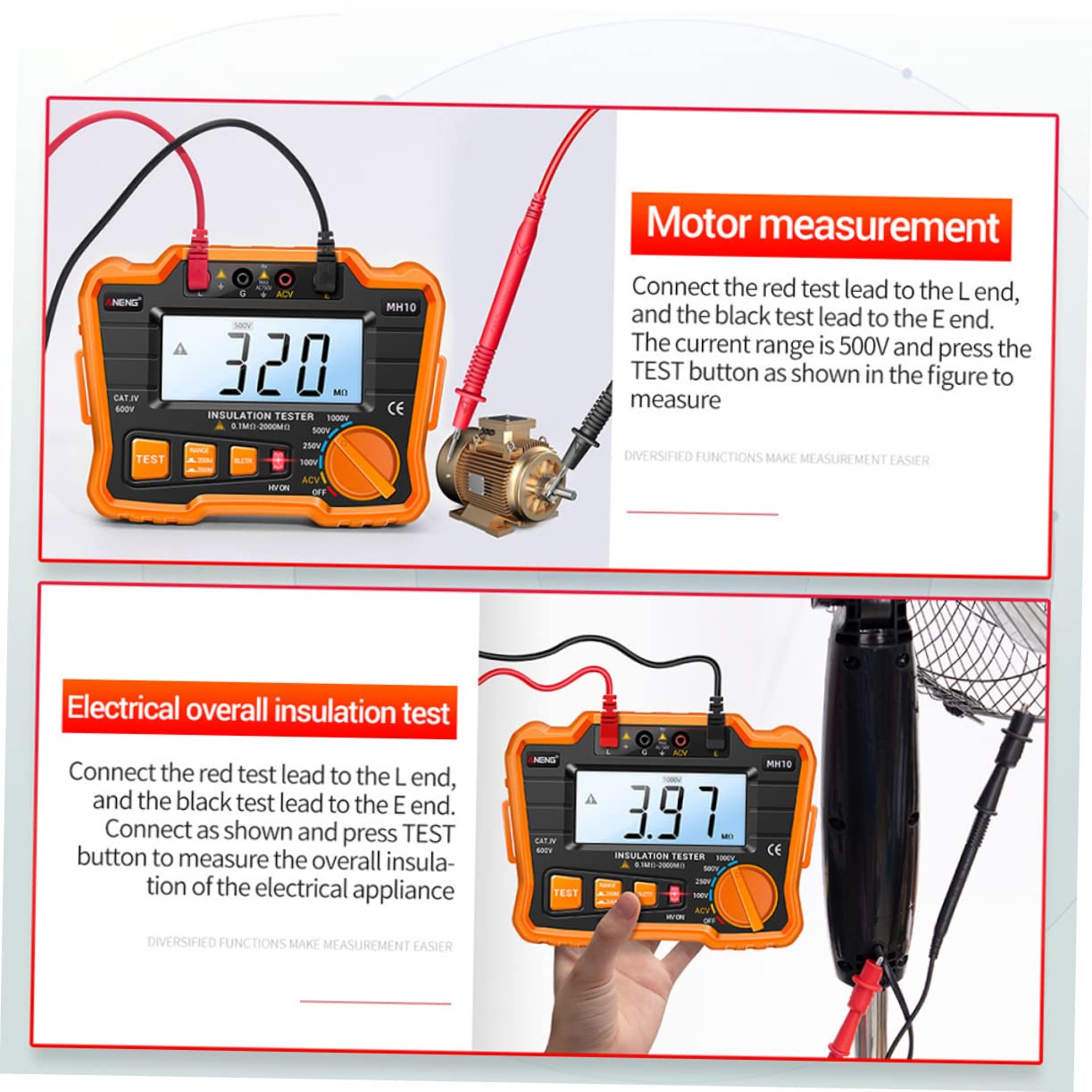 1set Digital Megohm LCD Display Insulation Resistance Tester for Generator Cable Selectable Voltage Outputs and Portable Design