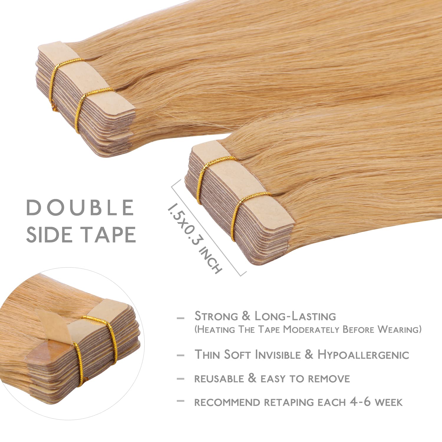 WENNALIFE Tape in Hair Extensions for Women, 20pcs 50g 18 inch Strawberry Blonde Tape in Hair Extensions Human Hair Rallonge Cheveux Humain Straight Invisible Hair Extensions Real Human Hair - 3
