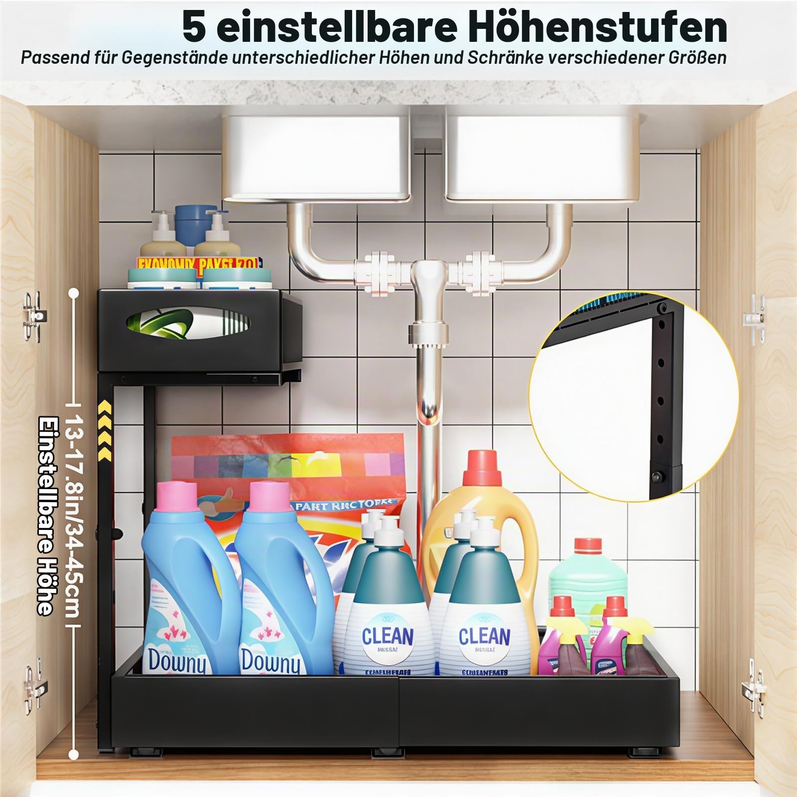 Housolution Unter Waschbecken Spüle Organizer Unterschrank Regal | Breite von 35 bis 50 cm Erweiterbar, Höhe von 34 bis 45 cm Verstellbar, 2-stöckiges Design