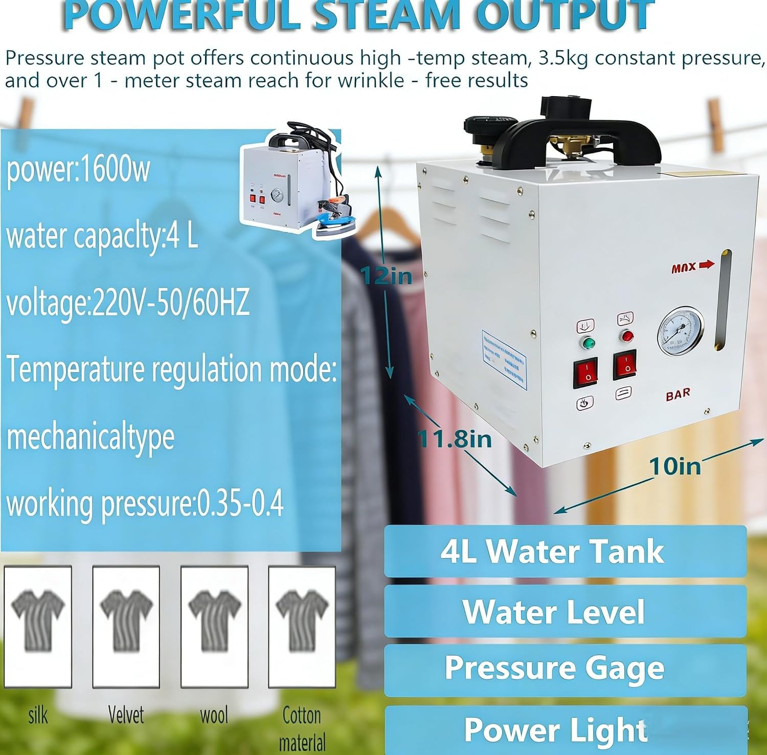 Ferro da Stiro Elettrico a Vapore, Attrezzatura Professionale per Stiratura con Serbatoio da 4L, Temperatura Regolabile, Ideale per Stiratura Professionale e Lavanderia