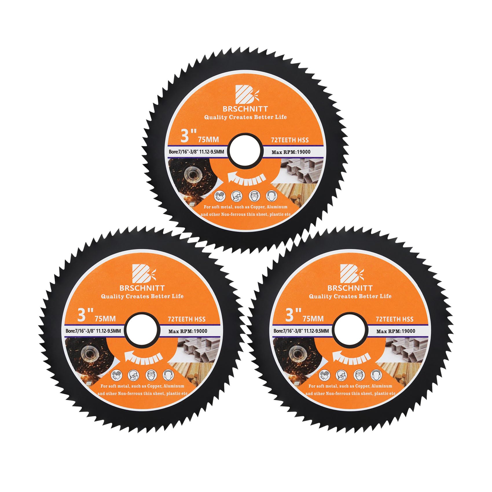 HSS Circular Saw Blade 3inch - BRSCHNITT 3pcs 72T 11.12-9.5mm Arbor Cutting Discs for Wood, Copper, Aluminum, Plastic and Soft Metal