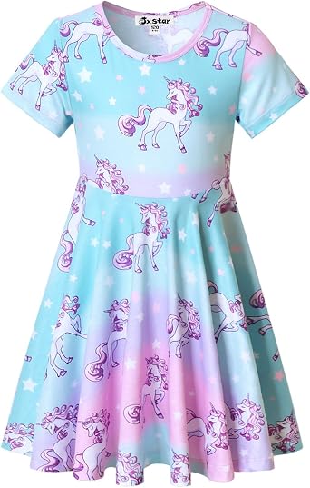 Unicorn Dresses for Girls Summer Swing Short Sleeve Casual Clothes for Kids