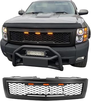IKON MOTORSPORTS, Grille Compatible With 2007-2013 Chevrolet Silverado 1500, Front Bumper Hood Mesh Grill with Amber Signal Light Matte Black, 2008 2009 2010 2011 2012