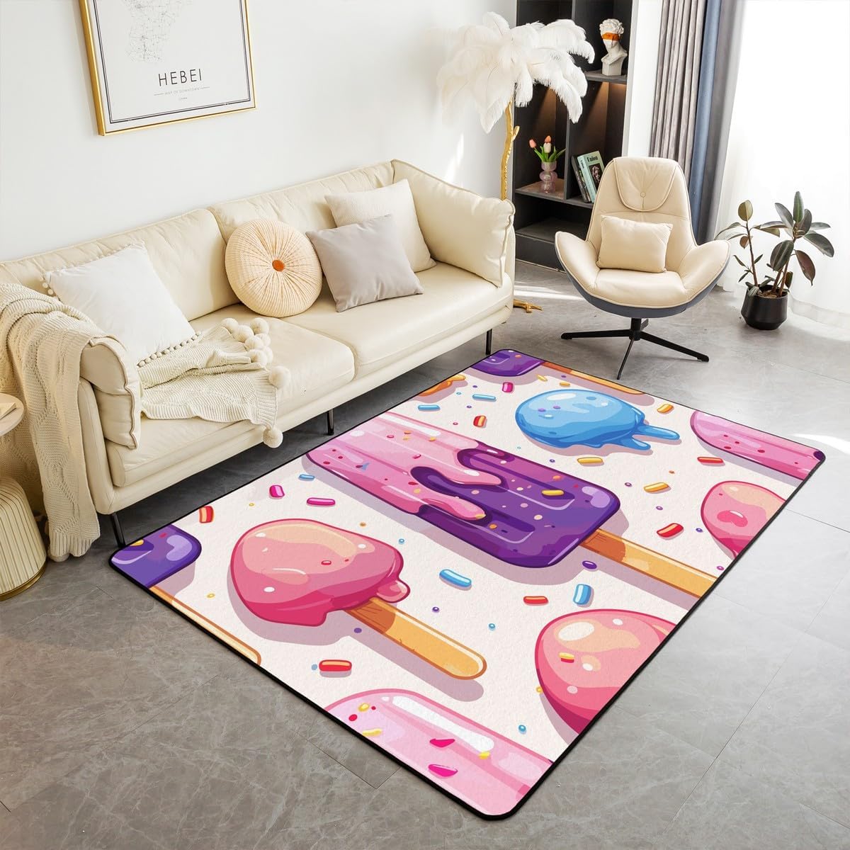 Erosebridal Colorful Cartoon Carpet 5x7, Ice-Cream Rainbow Indoor Floor Mat, Summer Theme Decorative Rug, Cute Confetti Decorative Accent Rug for Dining Room Under Table for Teens Girls