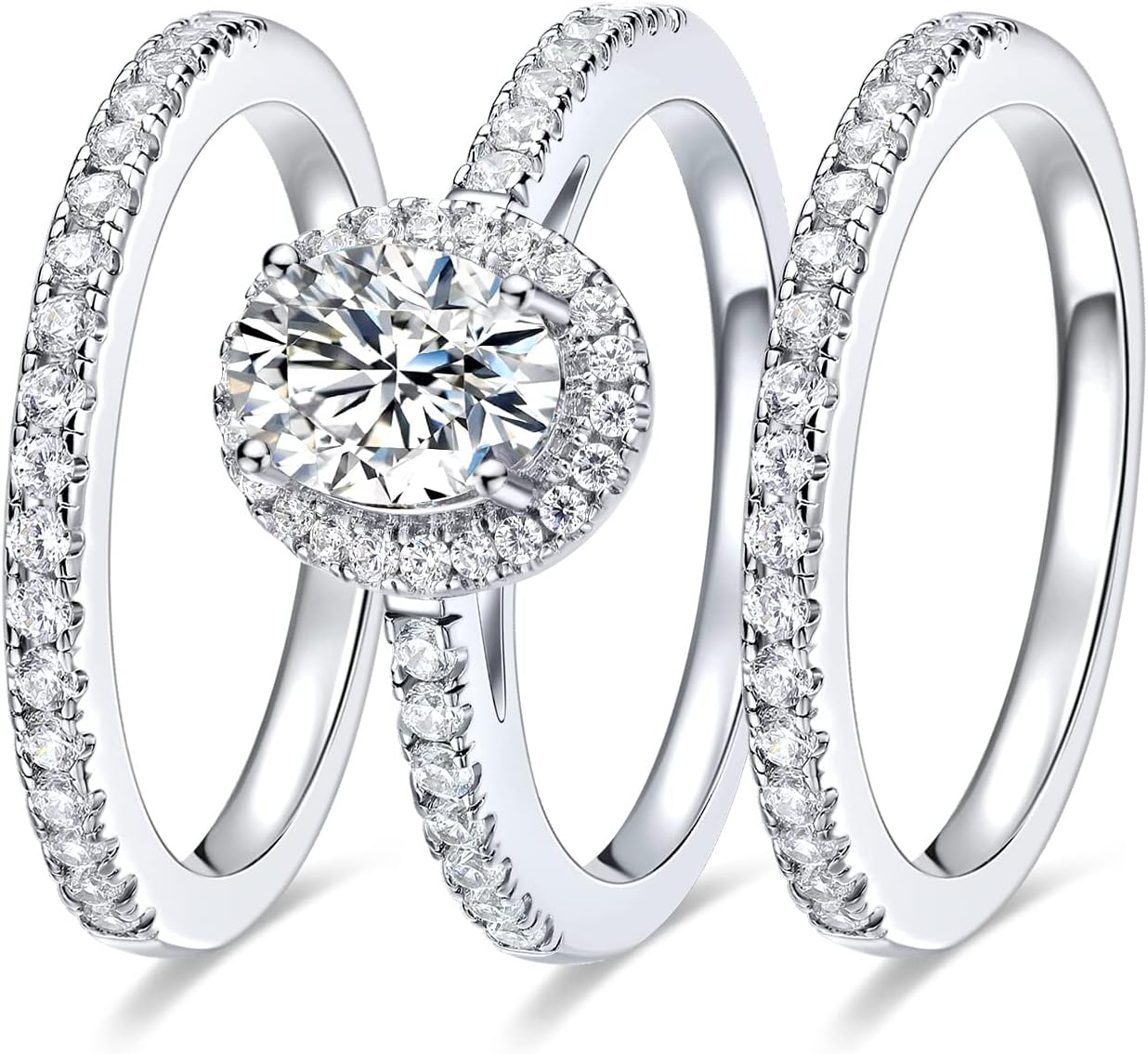 MDFUN Three-in-One Oval Halo Wedding Bands Set Engagement Rings 18K White Gold Plated Cubic Zirconia Promise Eternity Band for Women Size 5-10