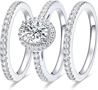 Three-in-One Oval Halo Wedding Bands Set Engagement Rings 18K White Gold Plated Cubic Zirconia Promise Eternity Band for Women Size 5-10
