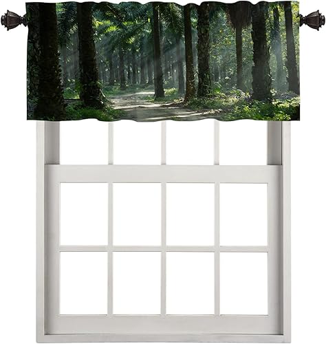 BaoNews Cenefas de cocina verde oscuro con palmeras naturales para ventanas, cenefas opacas de camino de bosque marrón, cortinas de poliéster
