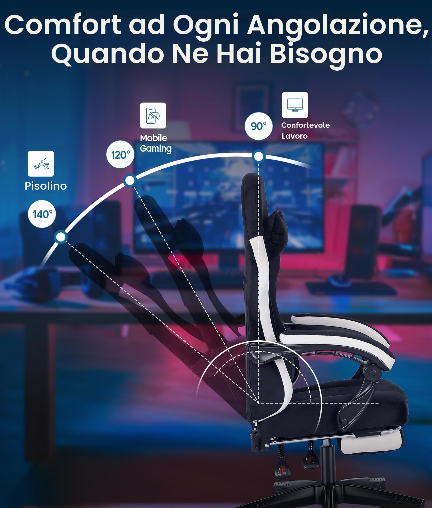 Sedia Gaming Ergonomica con Poggiapiedi, Schienale Reclinabile fino a 140°, Sedia Girevole da Ufficio con Supporto Lombare e Poggiatesta, Altezza Regolabile, Tessuto Flanella Grigio (Nero)