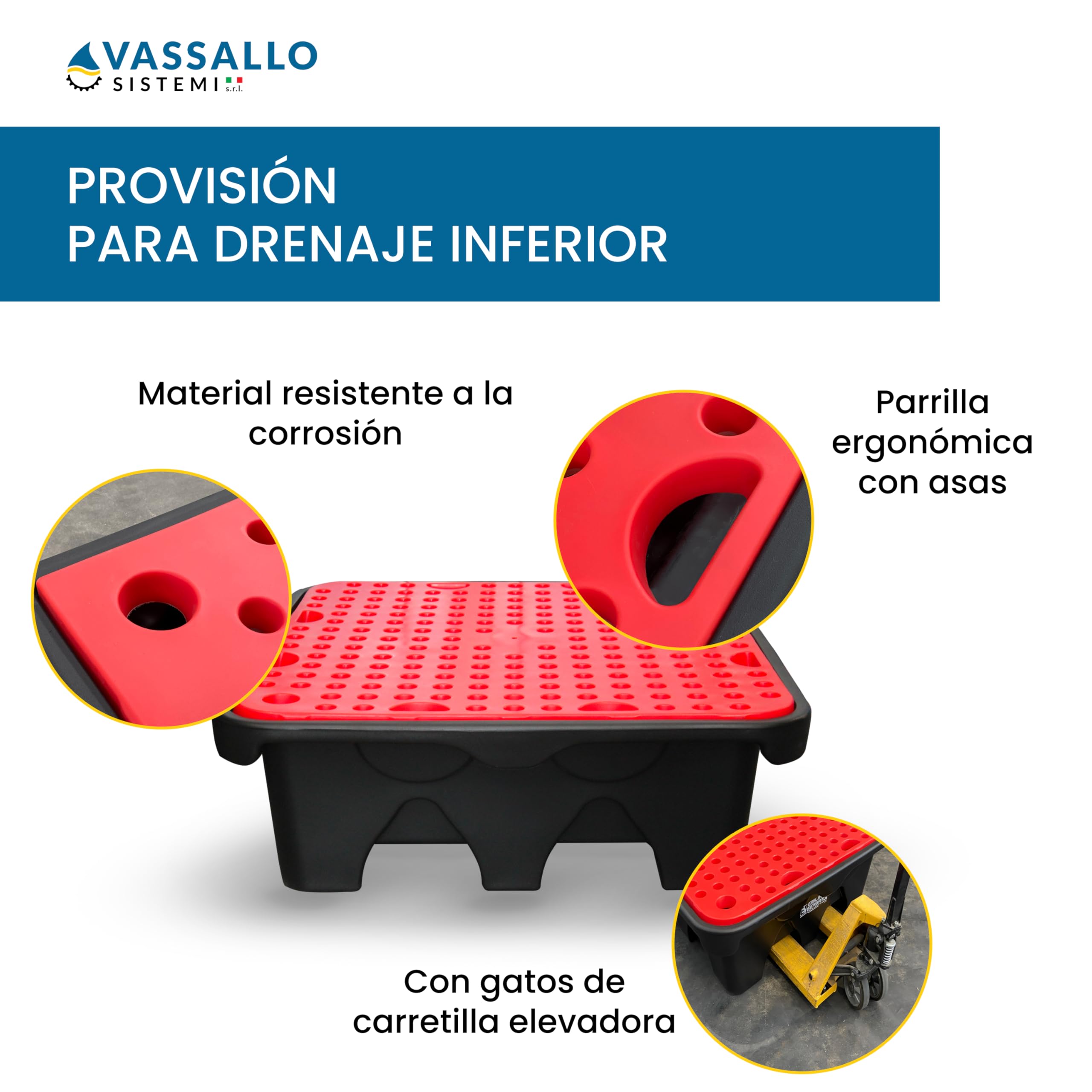 Cubeta de recolección de Polietileno para 4 bidones - Depósito Profesional de 450 l para aceites y líquidos químicos - Plataforma de Almacenamiento apilable con Rejilla extraíble - Vassallo Sistemi