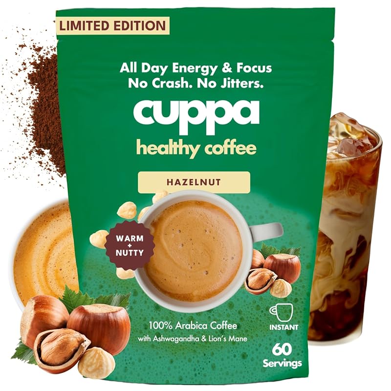 Cuppa Healthy Coffee Café instantâneo sabor avelã com ashwagandha, Lion's Mane, cordyceps, MCT e L-teanina — 60 porções