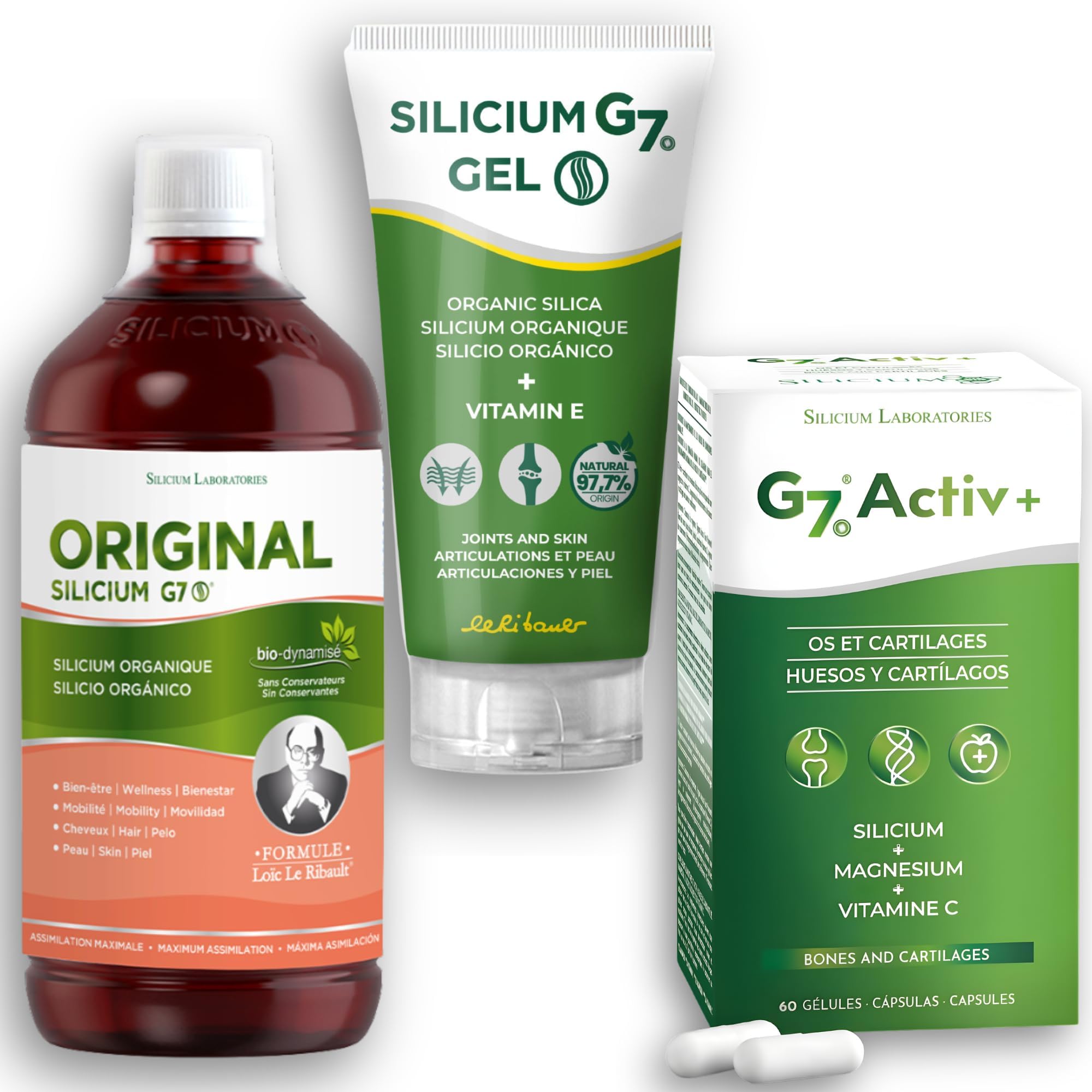 Silicium G7 Set completo: G7 Original + G7 Activ + Gel di Silicio 150 ml - Integratore di silicio per il benessere di articolazioni, pelle e vitalità
