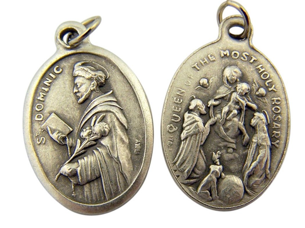 WJH Silver Toned Base Saint Dominic with Our Lady of The Rosary Medal, 1 Inch